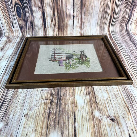 Vintage Cross Stitch Horse Ferry Boat Trees Water Complete Framed Finished 15x12 - Picture 6 of 11